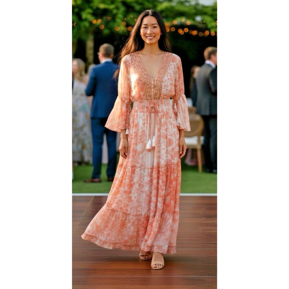 Me 2 Magic NEW! feminine v-neck sequined summer maxi dress sz M coquette cottage